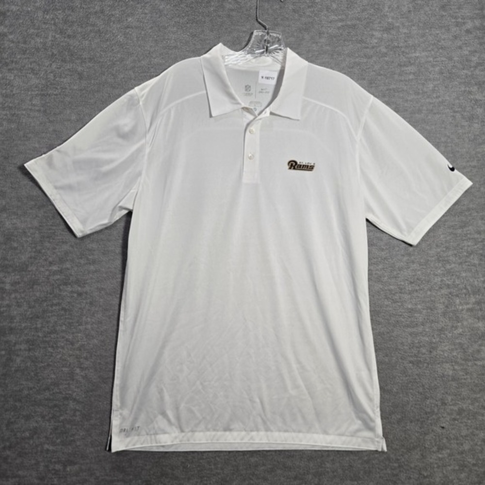 St Louis Rams Men Polo Shirt Medium White Nike Dri Fit Logo Short Sleeve Collar